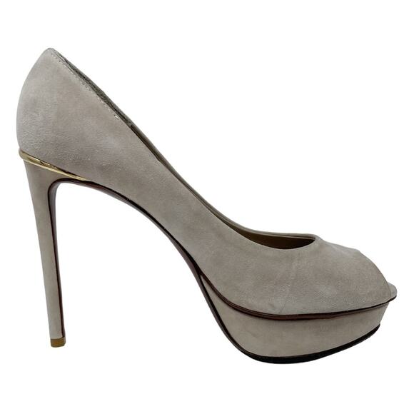 Louis Vuitton Eyeline neutral suede peep toe platform pumps size 37 US6.5 - Picture 9 of 14